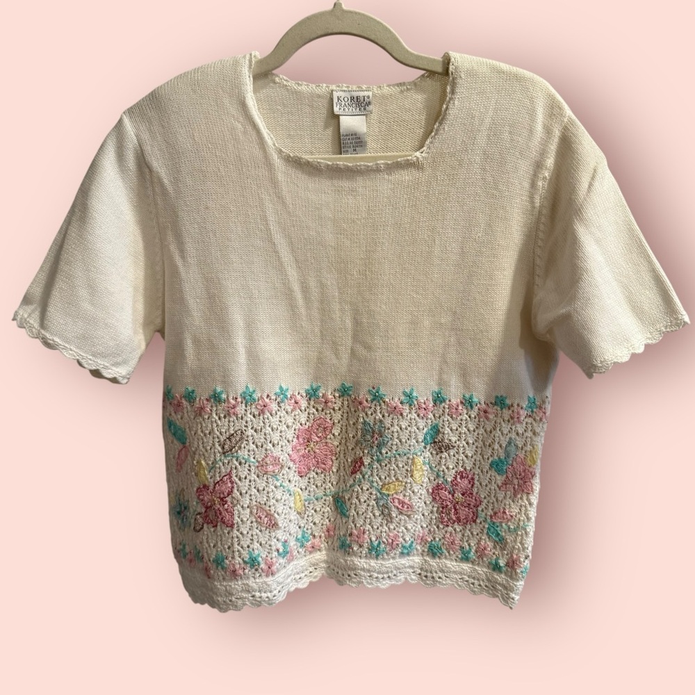 Vintage Koret Francisca Petite Floral Embroidered Knit Top Cottagecore